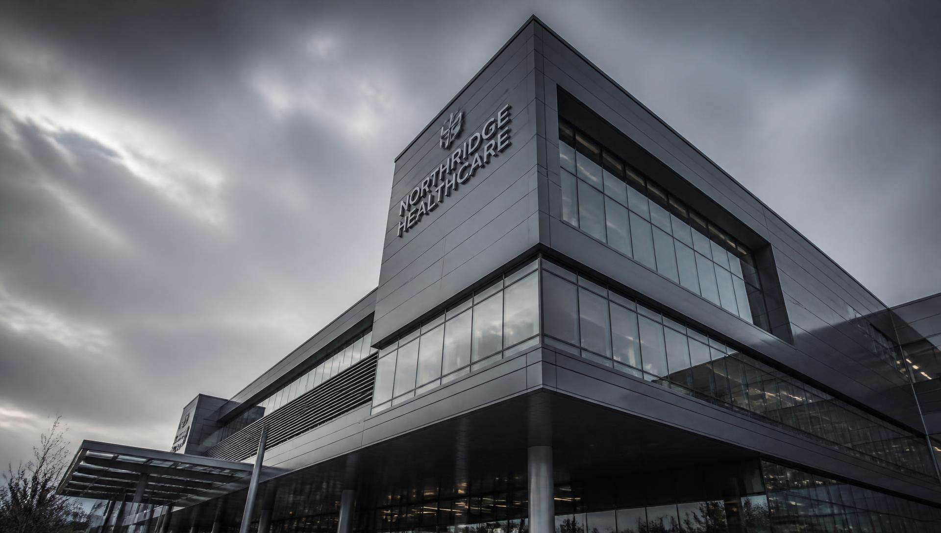 Steel and glass healthcare facility seen from a sharp low angle